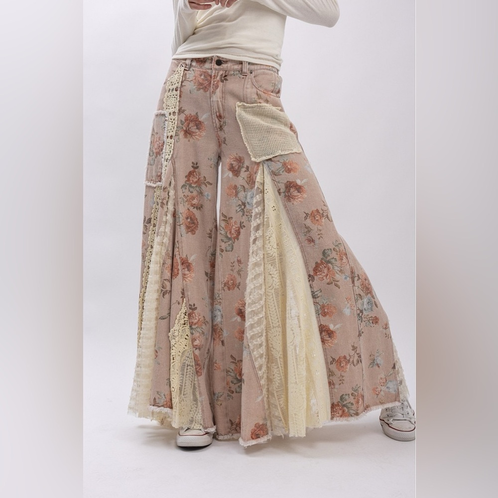 NWT Floral Print Boho Patchwork Lace Panel Ultra Wide Leg Flare Bohemian Pants - Picture 10 of 14